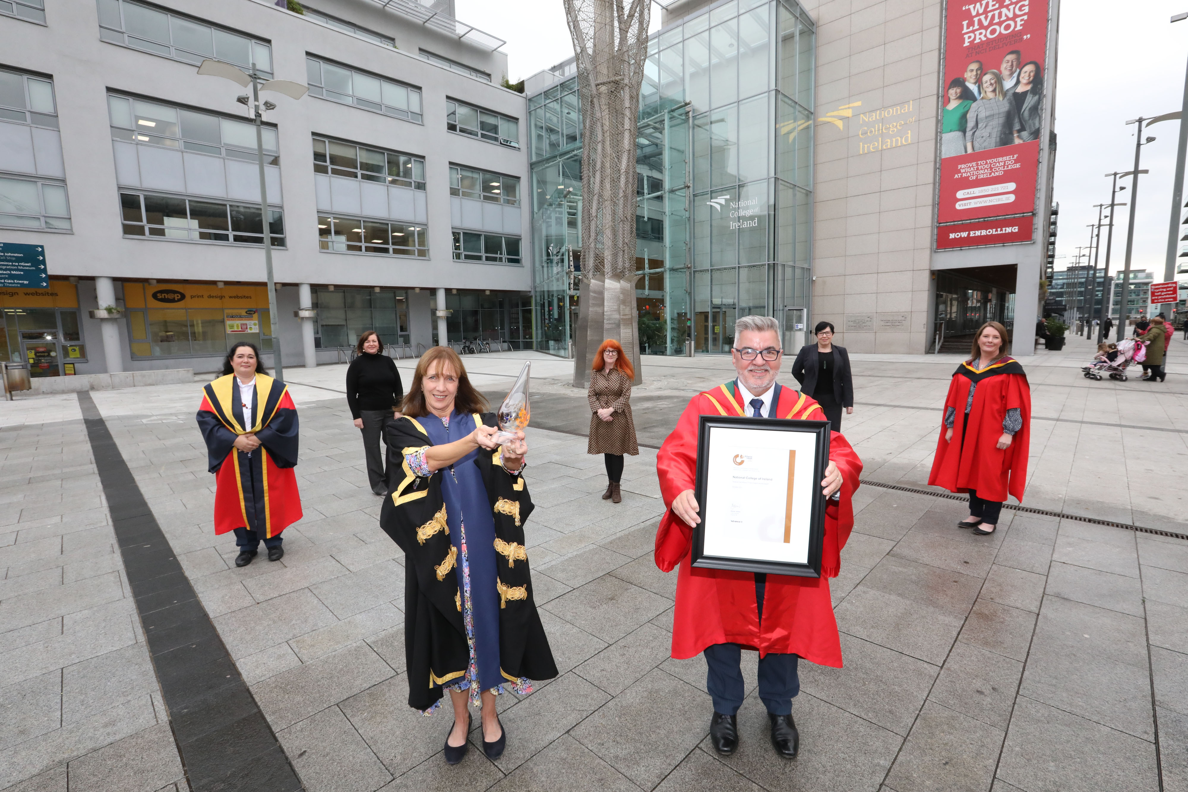 Vice Dean SoC Professor Cristina Muntean, HR Director Mary Connelly, President NCI Professor Gina Quin, EDI Manager Deirdre McCarthy, VP NCI Professor Jimmy Hill, Registrar Karen Jones, Dean SoB Professor Colette Darcy, celebrating NCI's Athena Swan Bronze Award