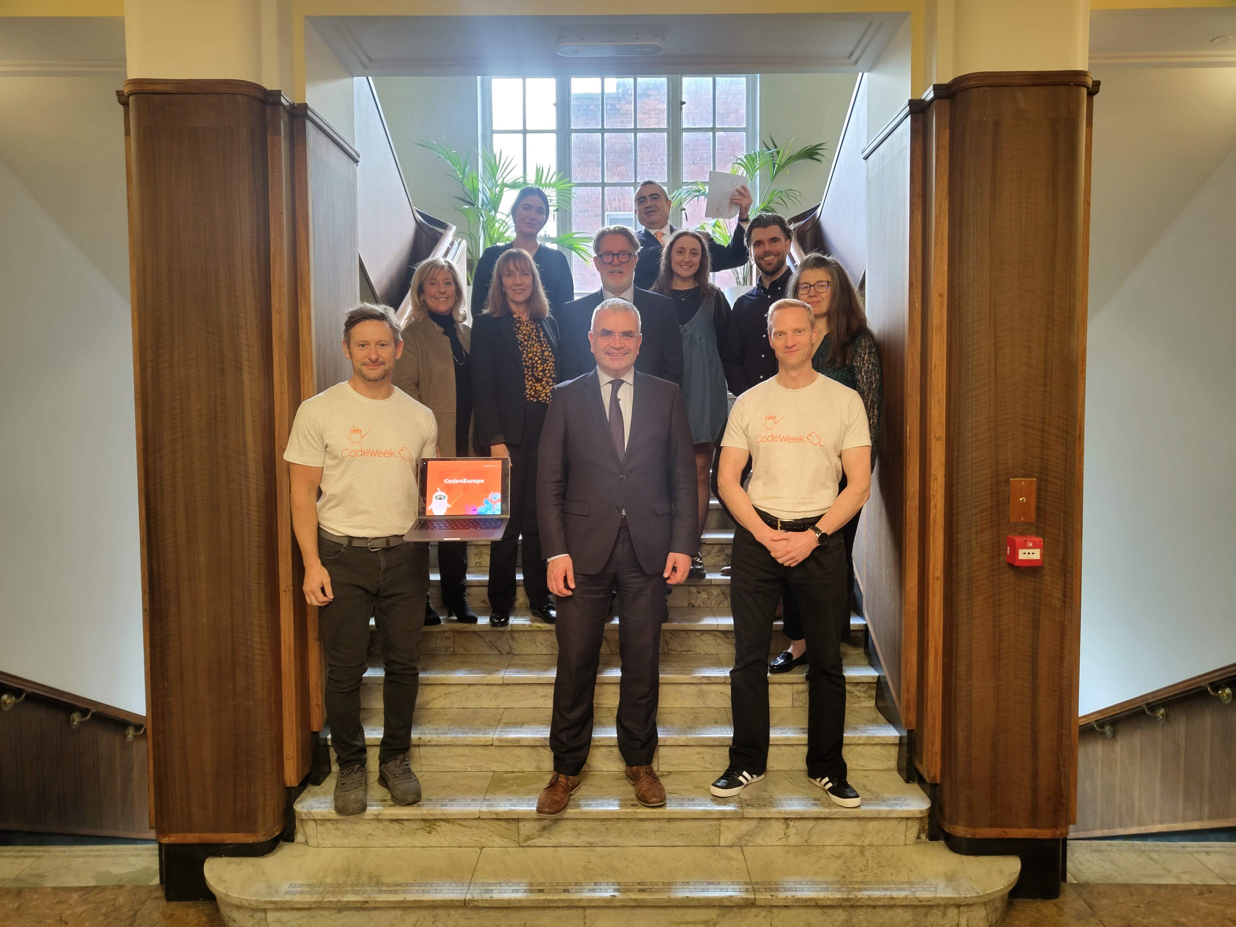 Minister Dara Calleary celebrating Code Week with members of Code4Europe