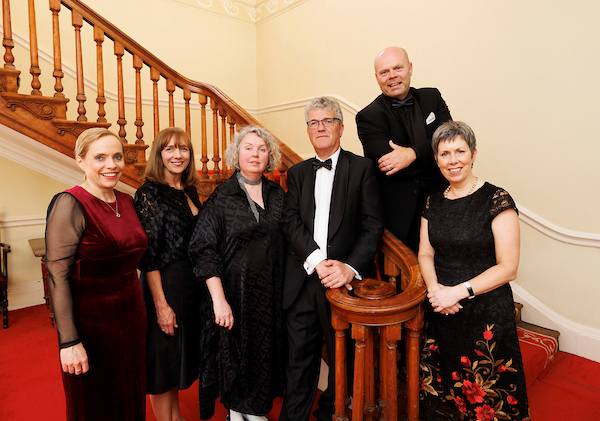 Dr Áine Ní Shé, Registrar & Vice President for Academic Affairs (Acting), Munster Technological University (MTU); Gina Quin, President, National College of Ireland (NCI); Dr Linda Doyle, Provost, Trinity College Dublin (TCD); Professor John O’Halloran, President, University College Cork (UCC); Dr Mark White, Vice-President,  Research, Innovation & Graduate Studies, South East Technological University (SETU); Dr Orla Flynn, President, Atlantic Technological University (ATU) at the 27th Annual IFAA Scholars dinner, June 2022