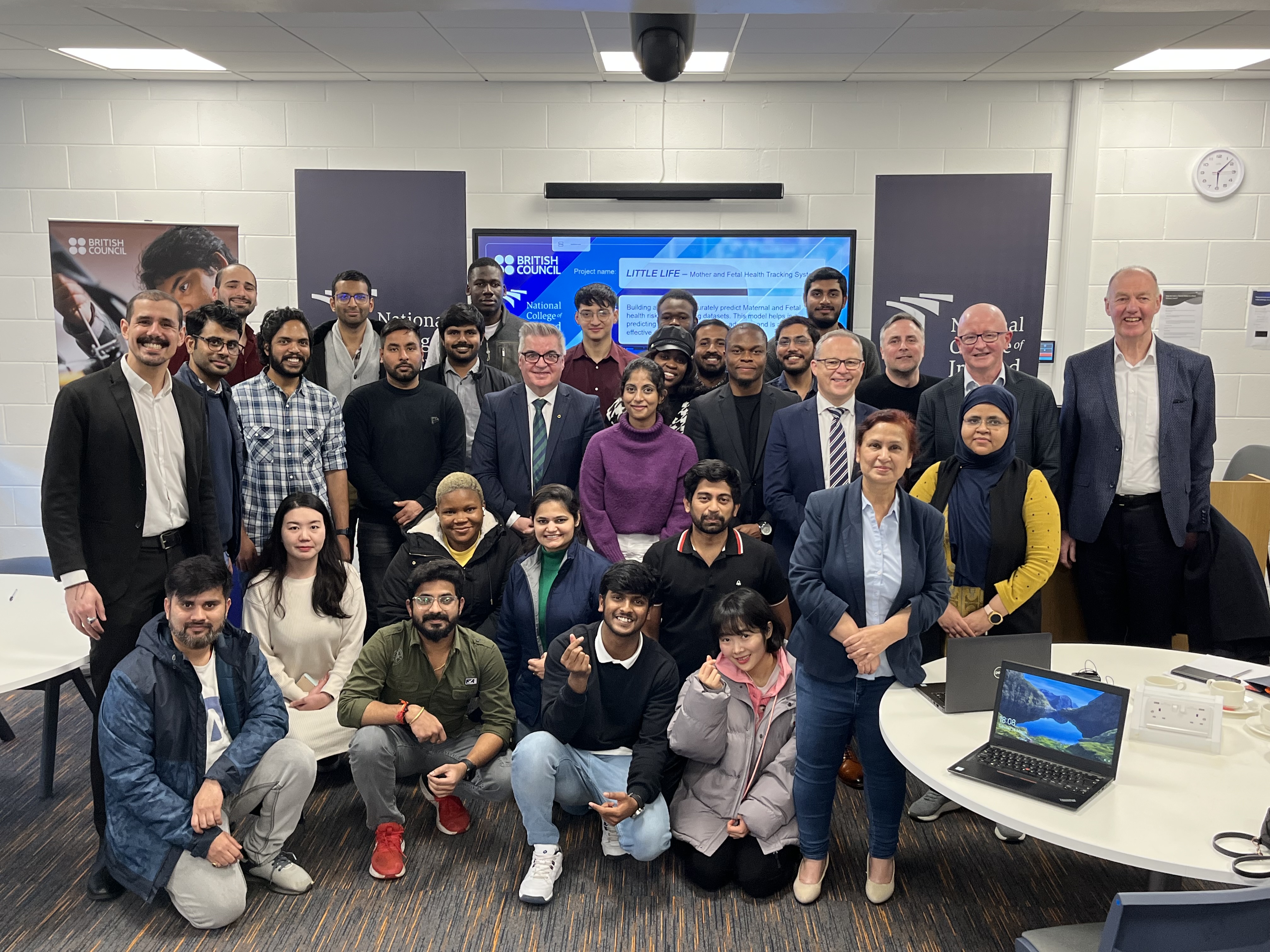 Judges, competitors and NCI faculty and staff at British Council AI Hackathon for the Common Good at National College of Ireland