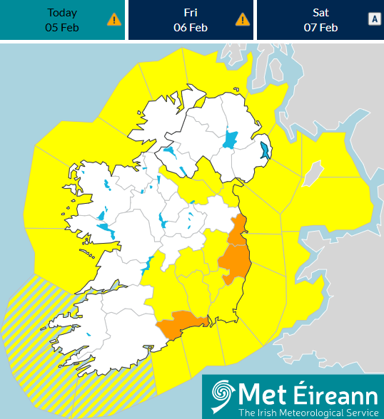 Met Eireann map of Ireland showing weather warnings 5th February 2026