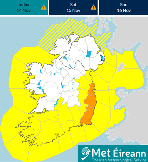 Met Eireann map of Ireland showing weather warnings 14 Nov 2025