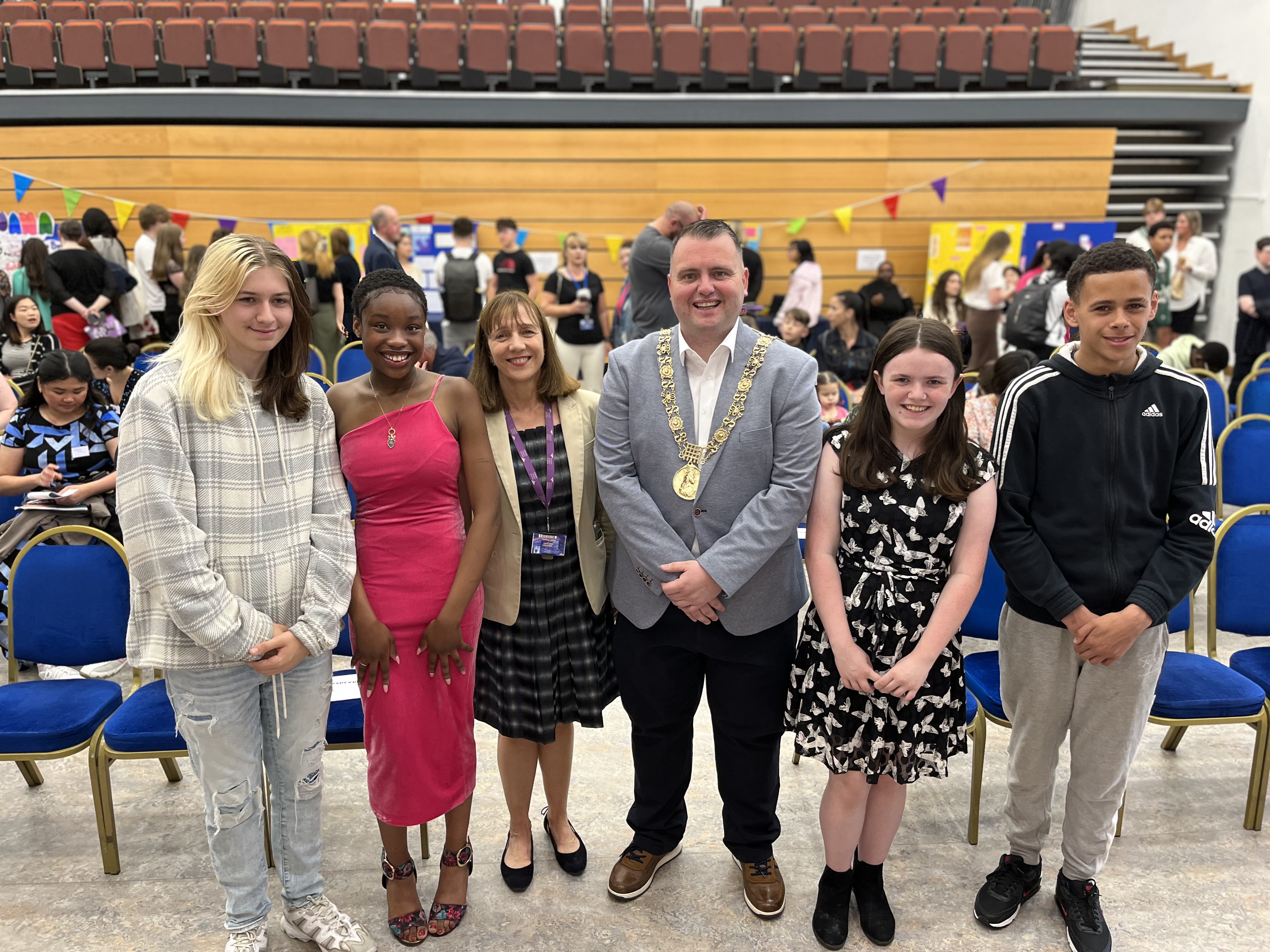 Leon Flynn, Larkin College; Narahee Nglande, Marino College; Professor Gina Quin, President National College of Ireland; Lord Mayor of Dublin, Daithí de Róiste; Jodie Byrne, Larkin College; Tyrell Emeordi, Larkin College, at the Discover University Showcase 2023