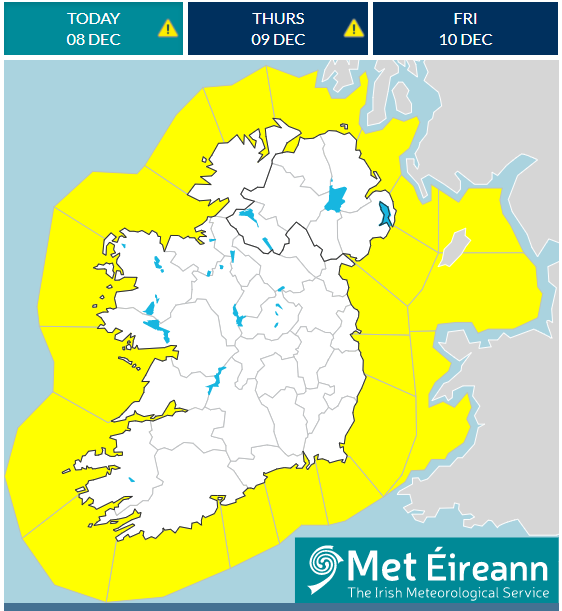 Met Eireann map of Ireland after Storm Barra showing no weather warnings.