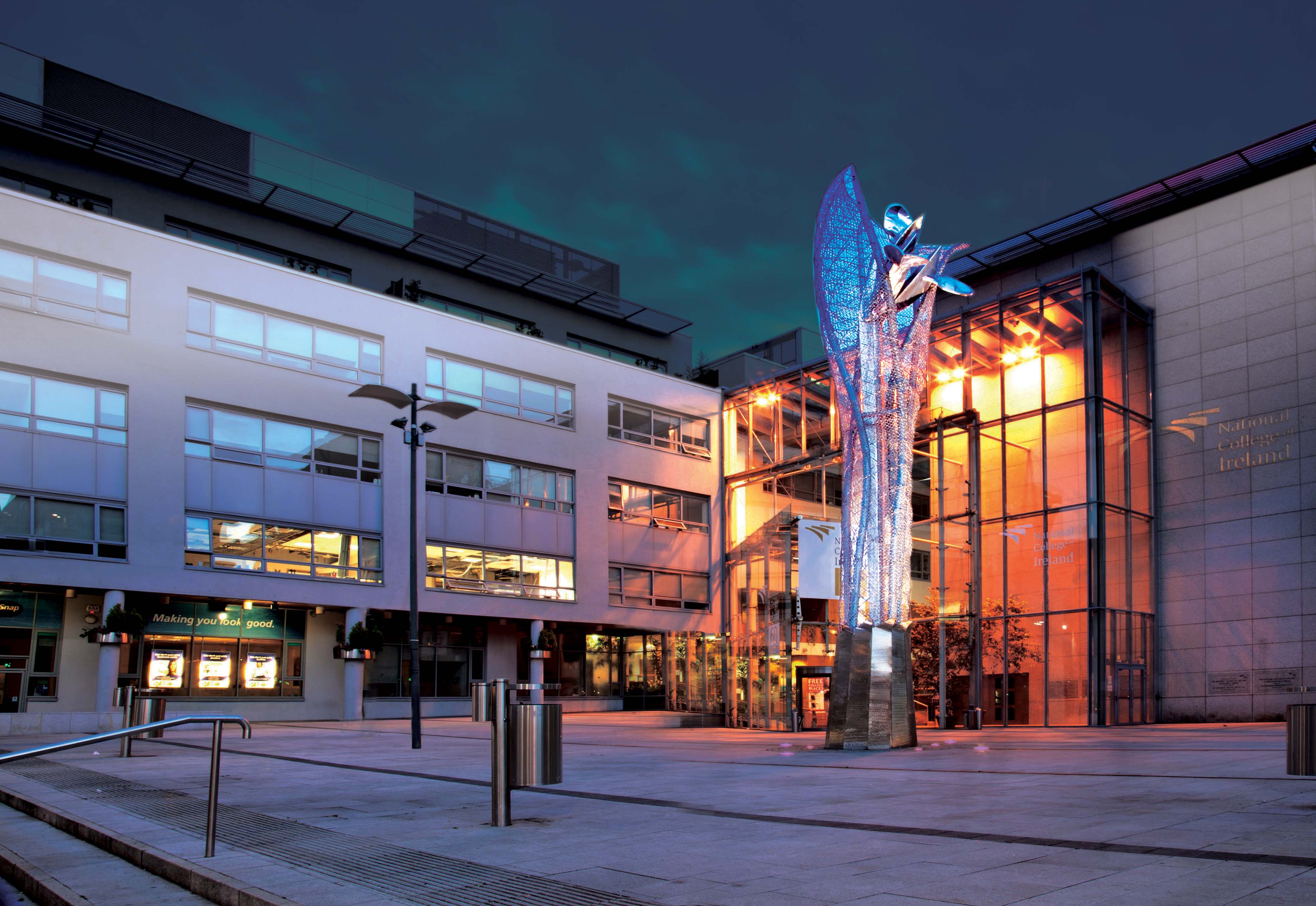 The iris sculpture in front of National College of Ireland lit up with white light