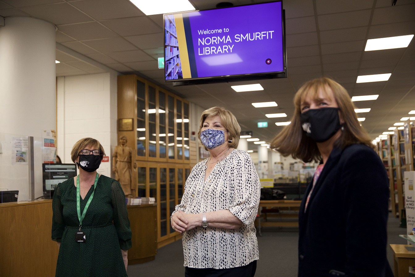 Mary Buckley, librarian; Norma Smurfit; Gina Quin, president of National College of Ireland at NCI's Norma Smurfit Library for the launch of NORMA, an e-Repository of theses and research by NCI staff and postgraduate students.