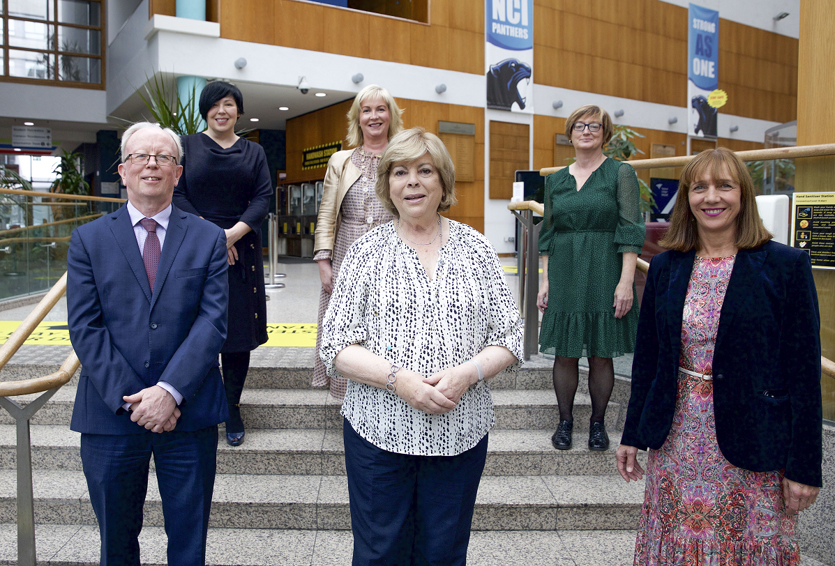 Norma Smurfit visits National College of Ireland campus for launch of NORMA e-repository. Pictured B-F L-R: Karen Jones, Registrar Designate; Deirdre Giblin, Director of Development and External Engagement; Mary Buckley, Librarian; John McGarrigle, Registrat; Norma Smurfit; Gina Quin, President of NCI 
