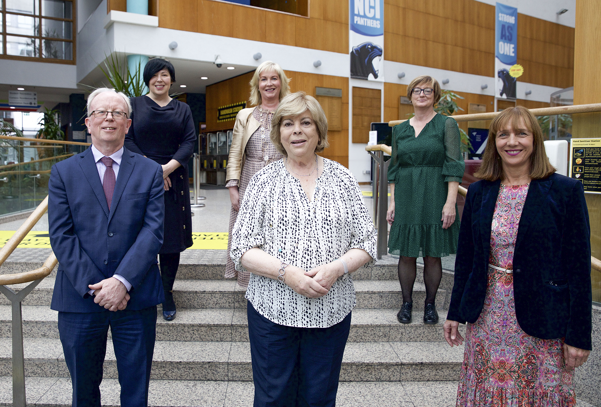 Norma Smurfit visits National College of Ireland campus for launch of NORMA e-repository. Pictured B-F L-R: Karen Jones, Registrar Designate; Deirdre Giblin, Director of Development and External Engagement; Mary Buckley, Librarian; John McGarrigle, Registrat; Norma Smurfit; Gina Quin, President of NCI