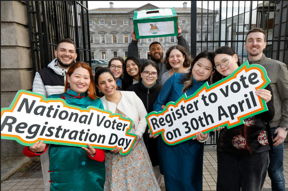 Voters outside the Dáil carrying placards for National Voter Registration Day