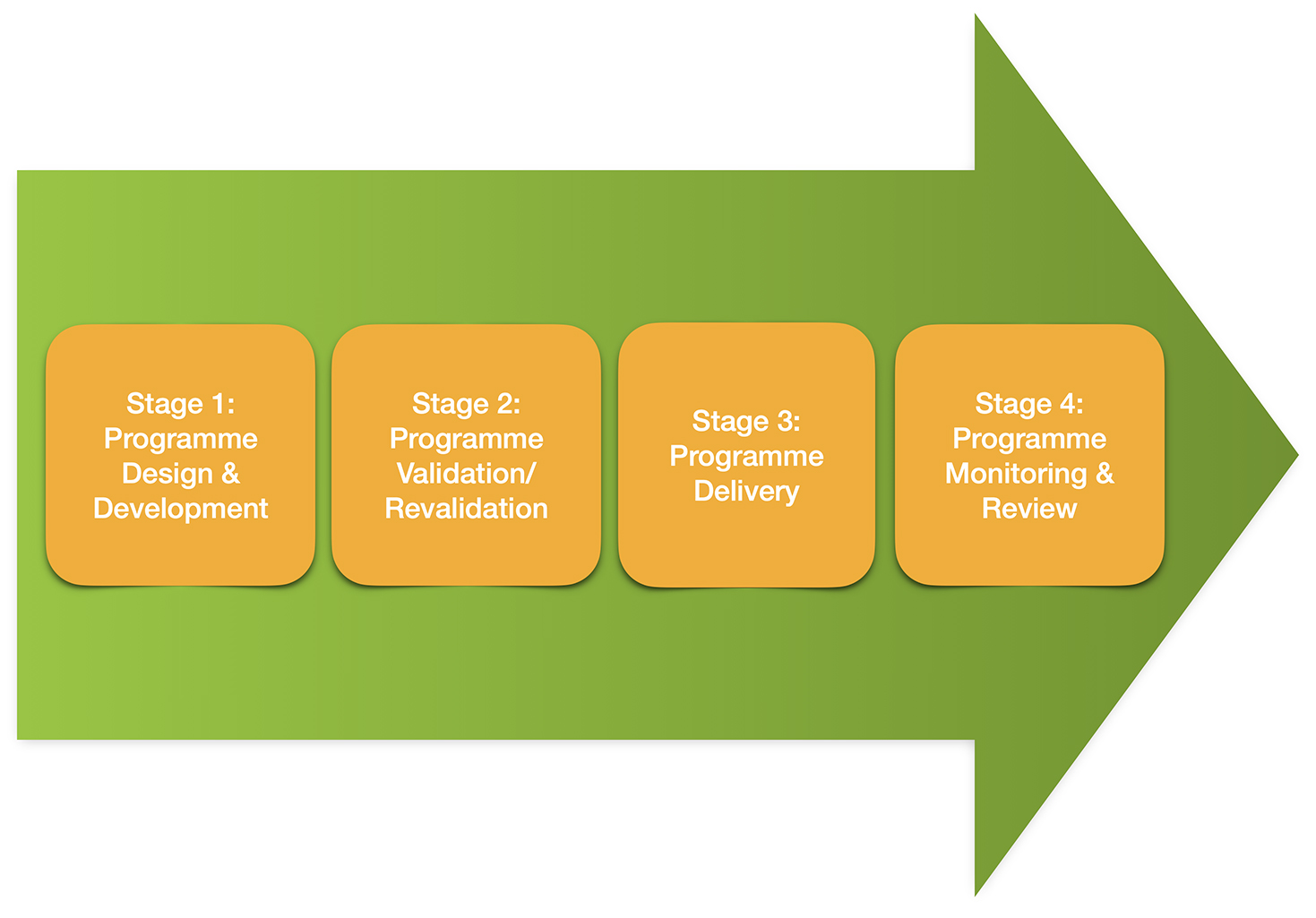 Graphic of an arrow that highlights the 4 Programme Lifecycle Management (PLM) stages