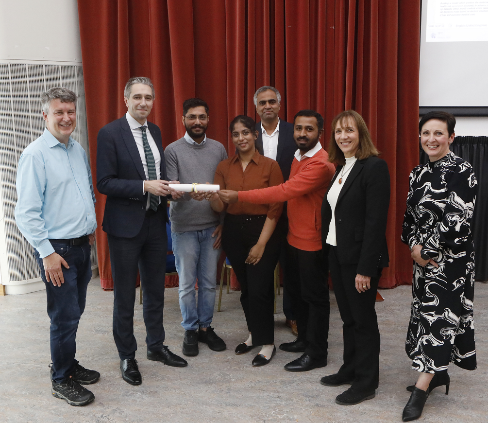 Winners of AI for Good Hackathon, Team Little Life - with Minister Simon Harris, NCI President Professor Gina Quin and judges