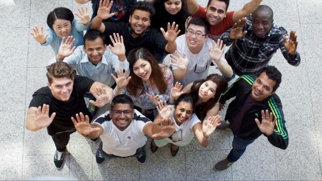 international students in atrium